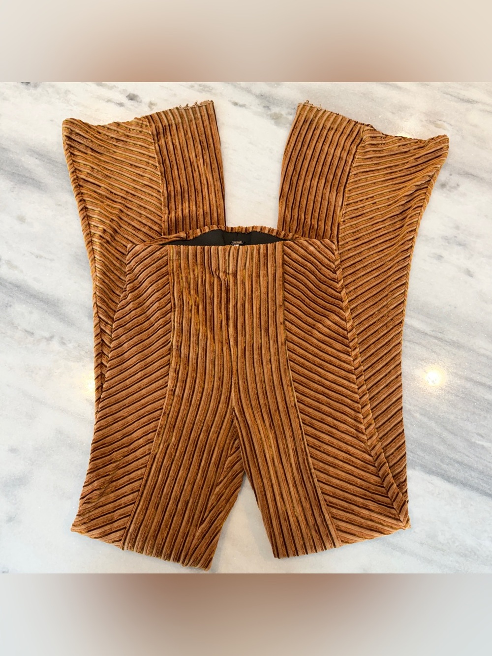 Free People Ribbed Velvet Brown & Gold Flared Stretchy Pants Boho Sz XS